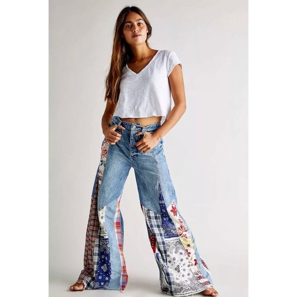 Free People Denim - Free People Cortez Pieced Patchwork Bandana Flare Jeans Bell Bottom Size 24 NEW